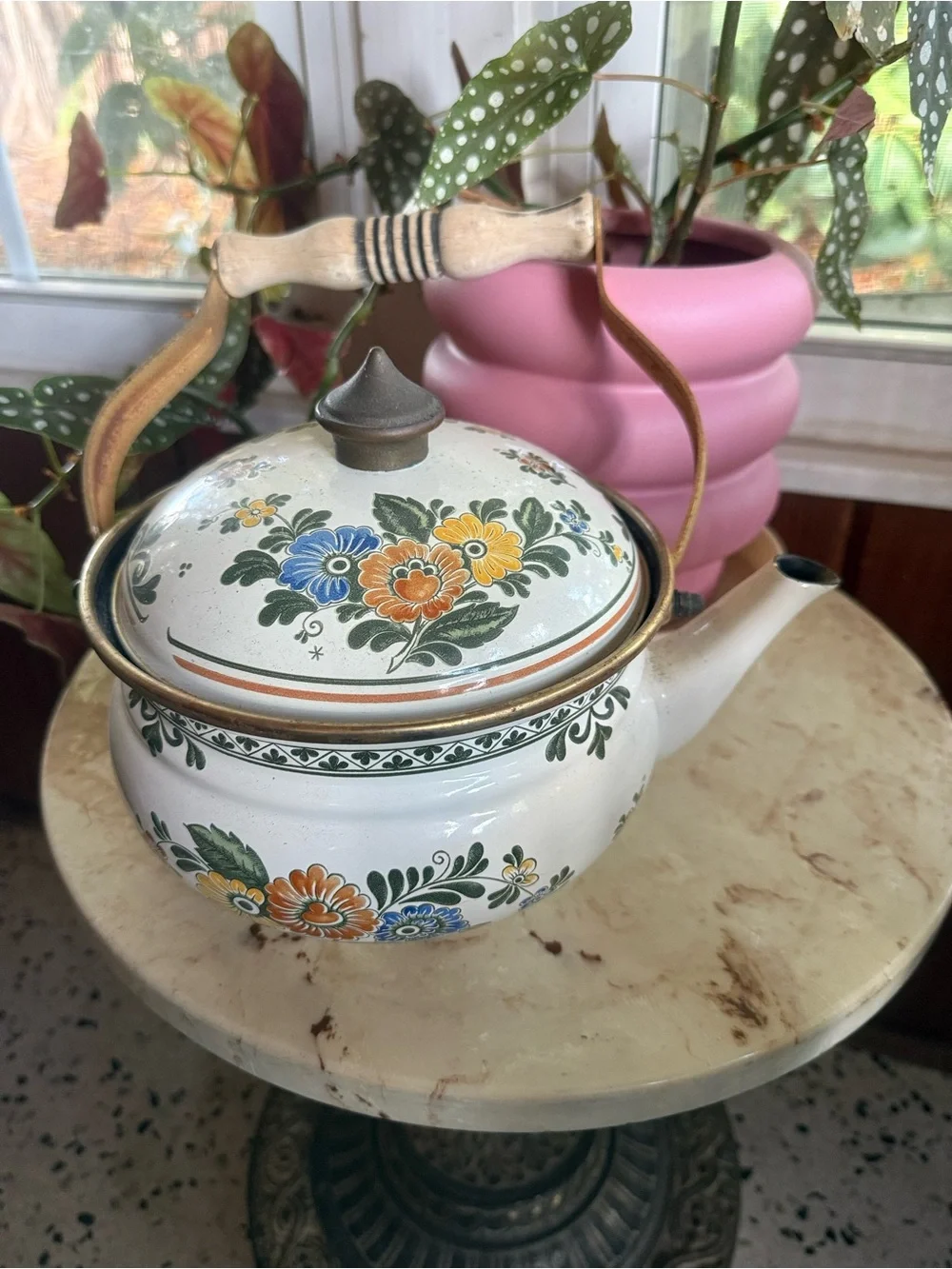 Vintage ASTA Floral Enamel Tea Kettle with Wood AND brass Handle